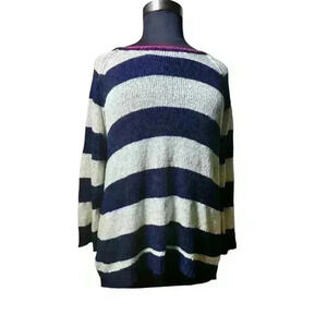 Cable & Gauge White and Blue Striped Long Sleeve‎ Sweater 2X Plus Gold Thread